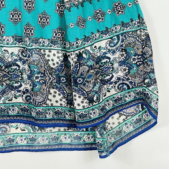 Chico's Teal Print Flare Chiffon Trim Jersey Top Shirt Tee Womens 0 Small Petite - Picture 4 of 6